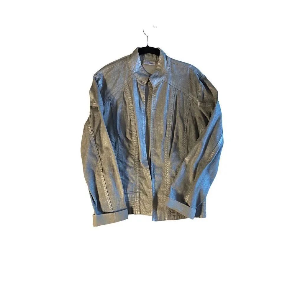 Chicos, platinum metallic silver, long sleeve denim style jacket, size 0